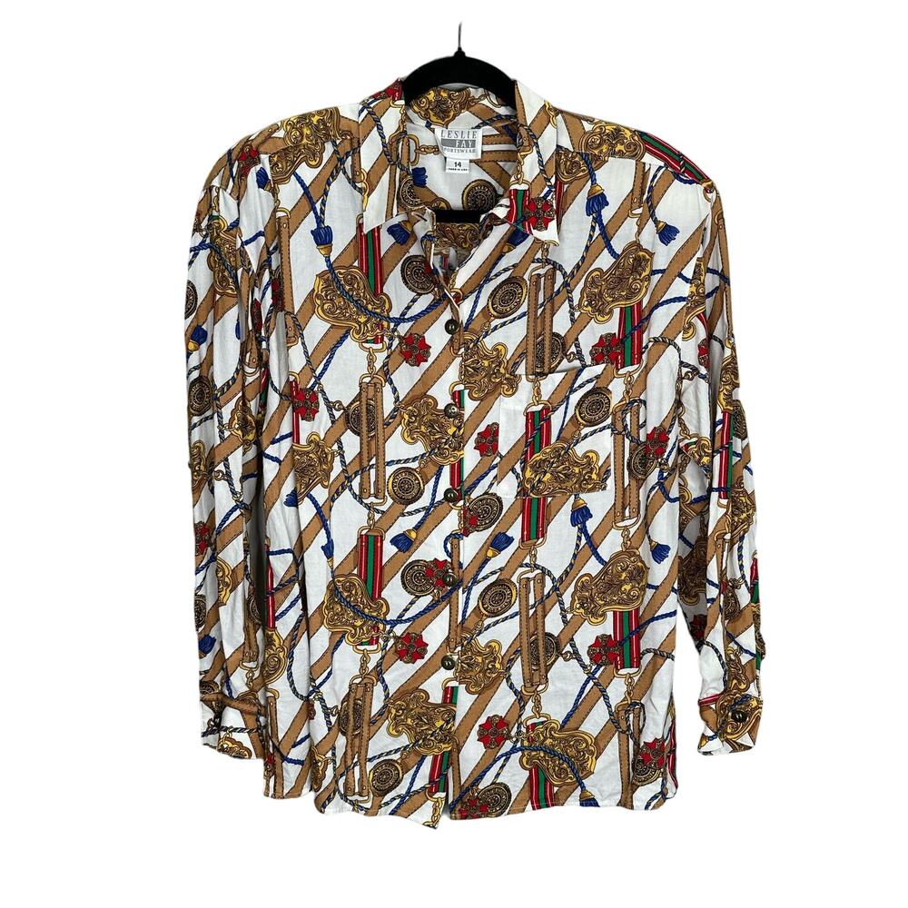Vintage Leslie Fay Women's Made in USA Novelty Print Button Up Blouse Top sz 14